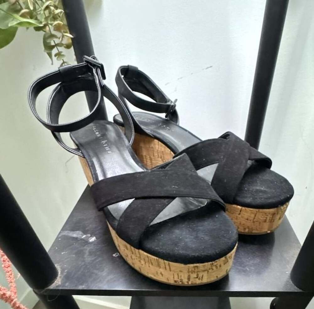 Gianni Bini Black Suede Cork Wedge Sandals with Crossover Straps